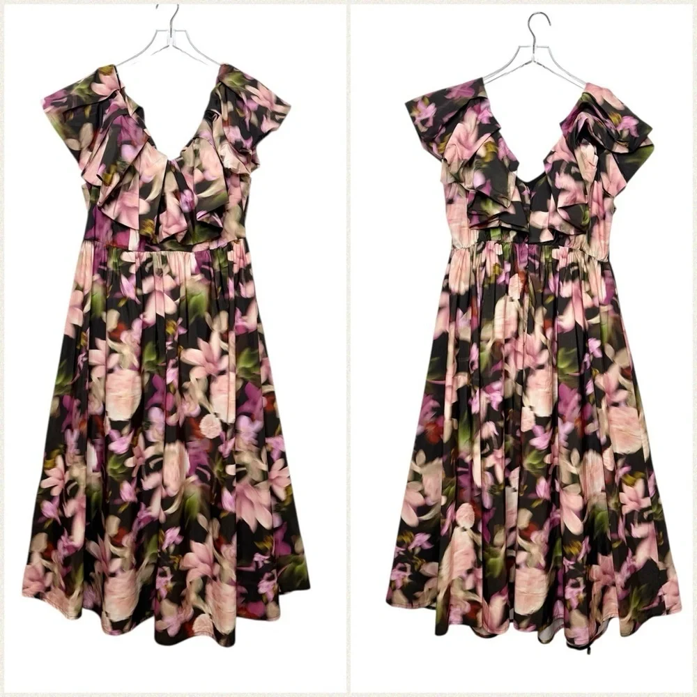 ELOQUII Ruffle Neckline Pink Moody Floral Women’s Midi Dress Sz 16